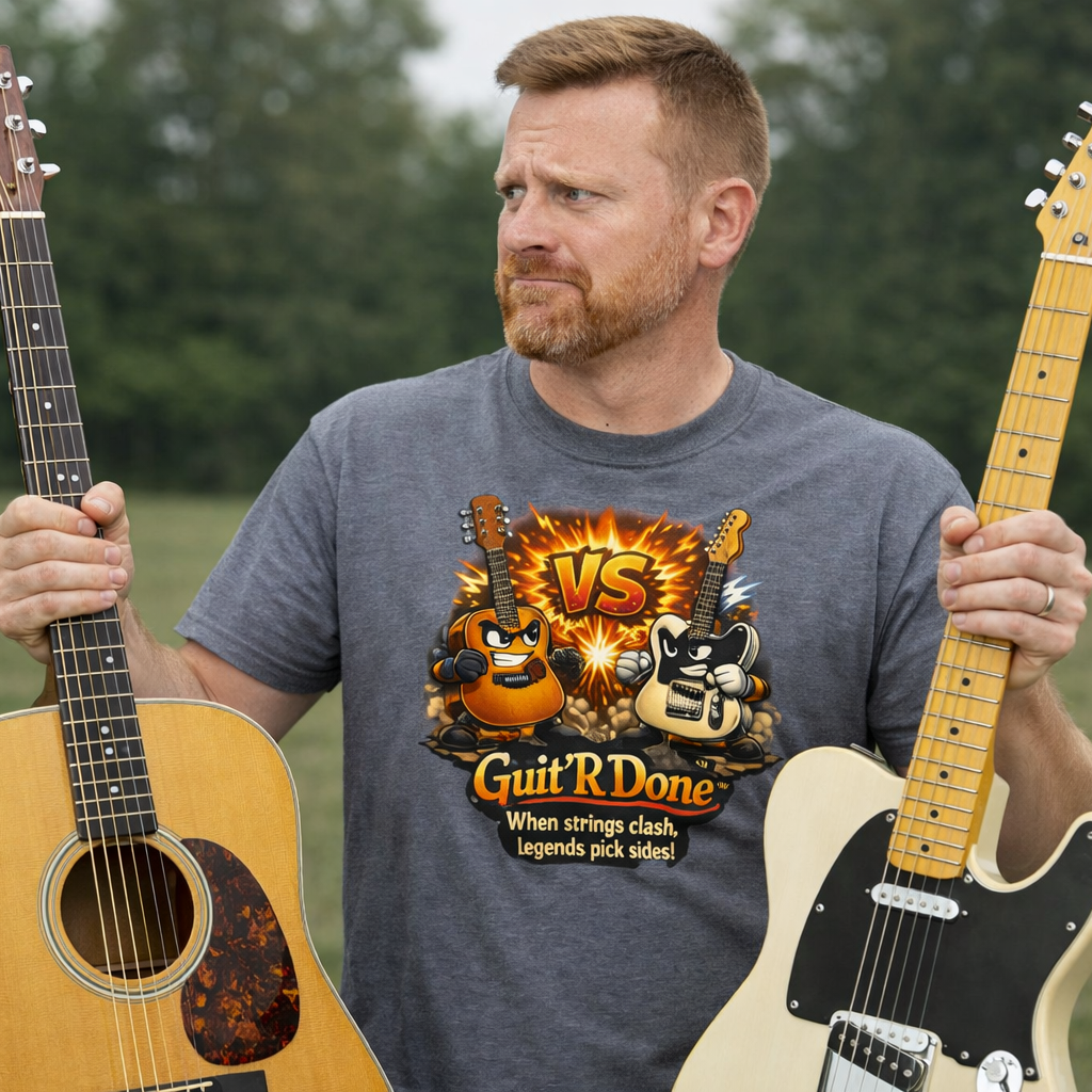 Man outdoors holding an acoustic and electric guitar, wearing the Guitar Battle Tee by Guit'R Done — bold fiery VS graphic with dueling animated guitar characters and the tagline 'Where strings clash, legends will duel' on Graphite Heather