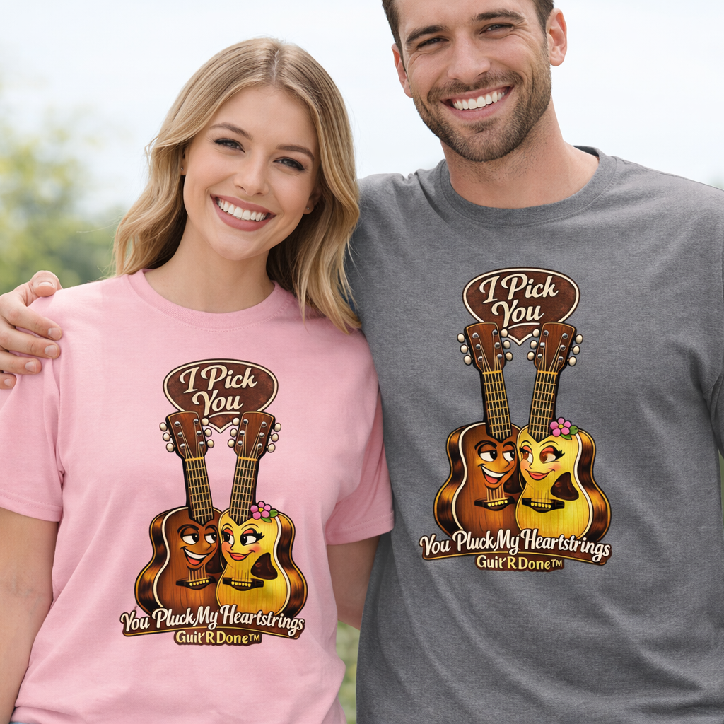 Couple wearing I Pick You Tee by Guit'R Done — two animated guitars leaning together with 'You Pluck My Heartstrings' tagline, shown in Light Pink and Graphite Heather