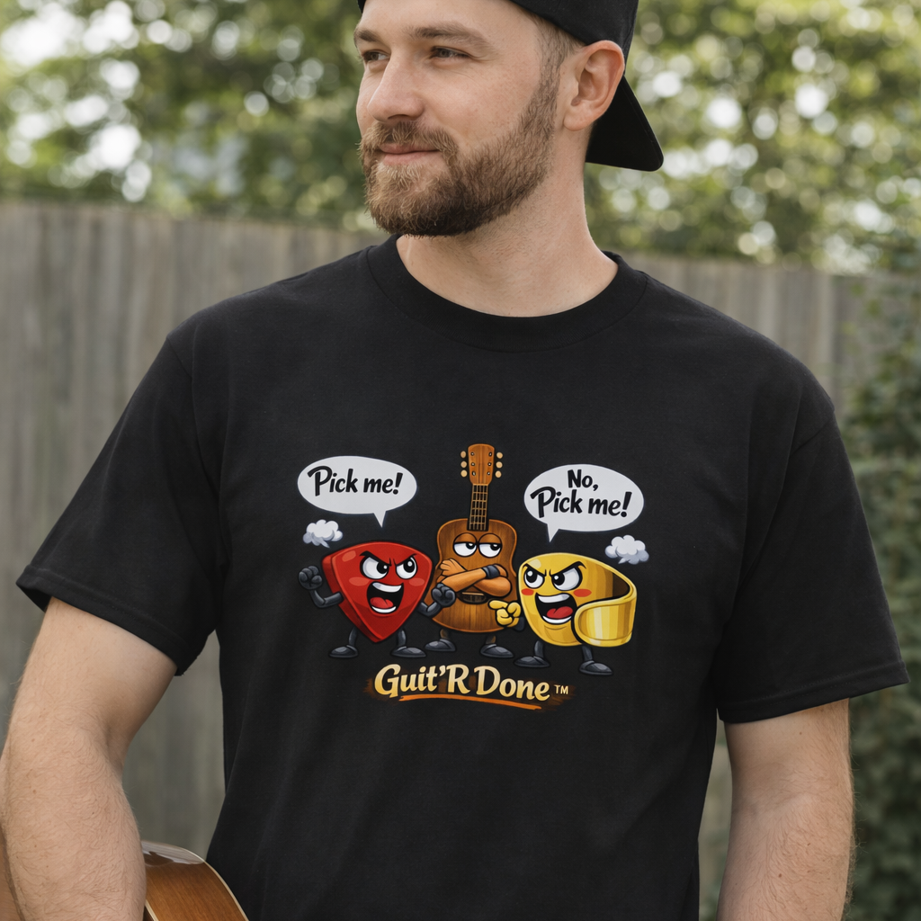 Man holding a guitar wearing the Pick Me Tee by Guit'R Done — animated guitar picks arguing 'Pick me! No, Pick me!' on a black tee