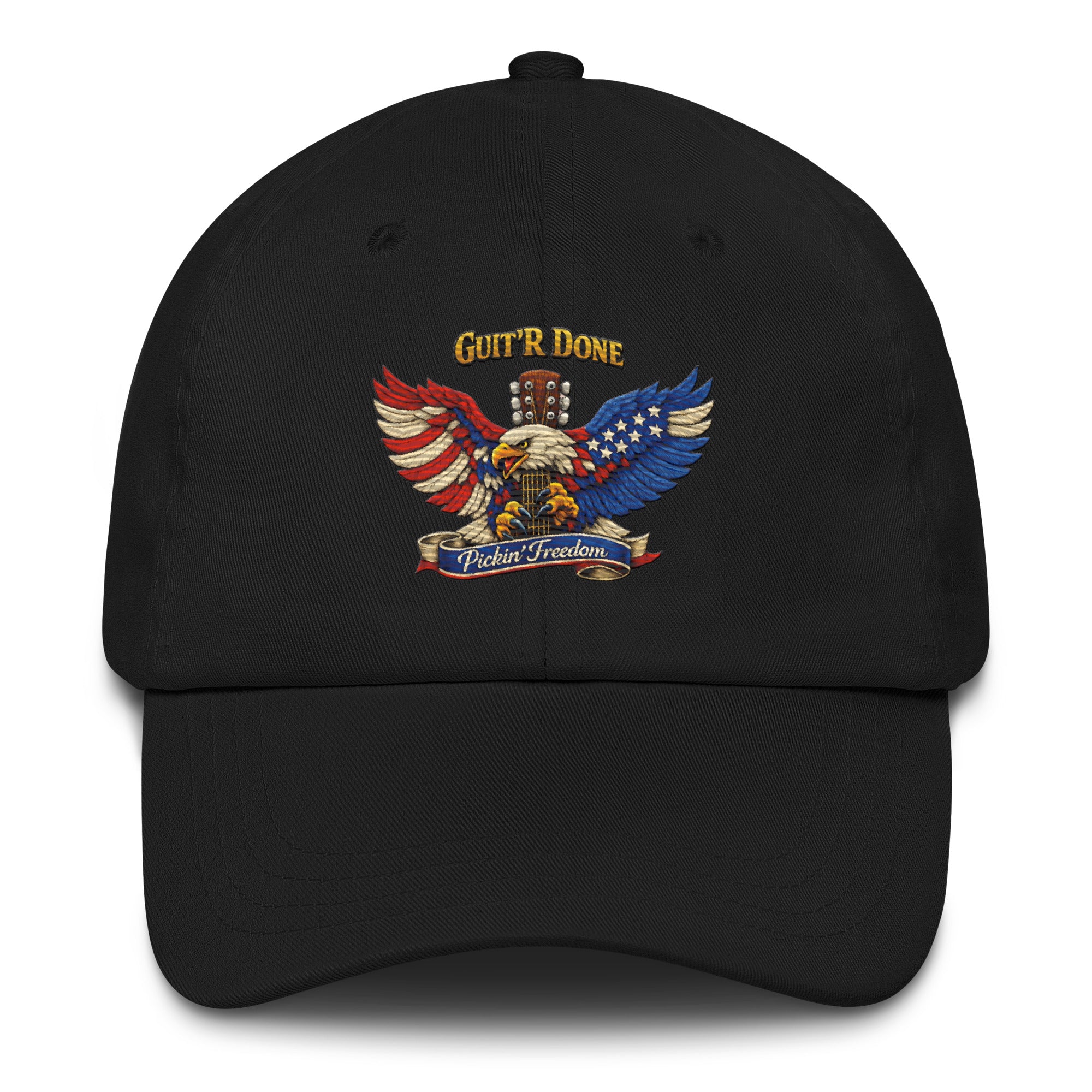 Pickin' Freedom Dad Hat in Black — embroidered Guit'R Done design, adjustable strap.