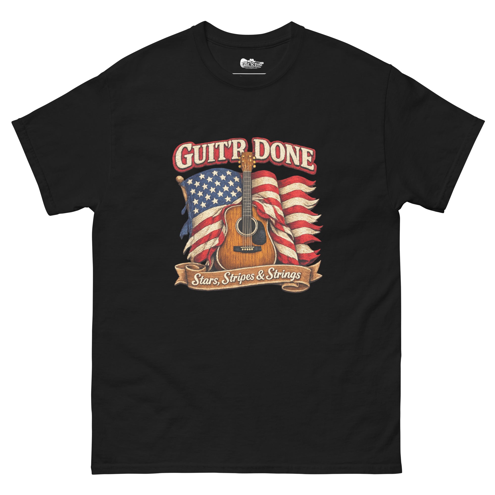 Stars, Stripes & Strings Tee in Black — Americana music graphic tee by Guit'R Done.