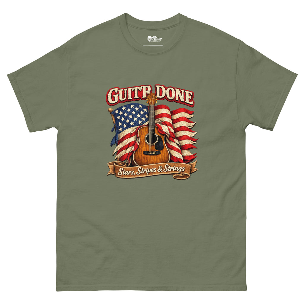 Stars, Stripes & Strings Tee in Military Green — Americana tee by Guit'R Done.
