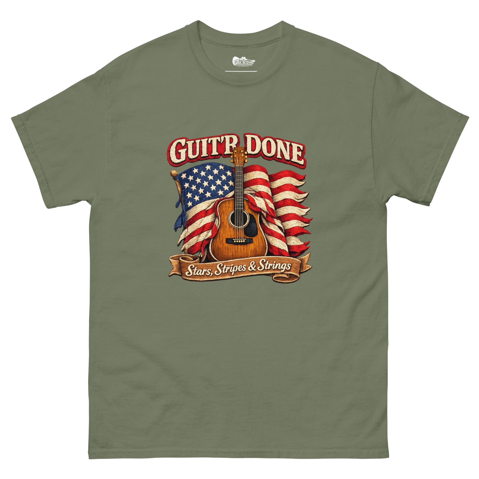 Stars, Stripes & Strings Tee in Military Green — Americana tee by Guit'R Done.