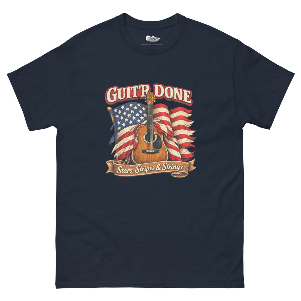 Stars, Stripes & Strings Tee in Navy — patriotic guitar tee by Guit'R Done.