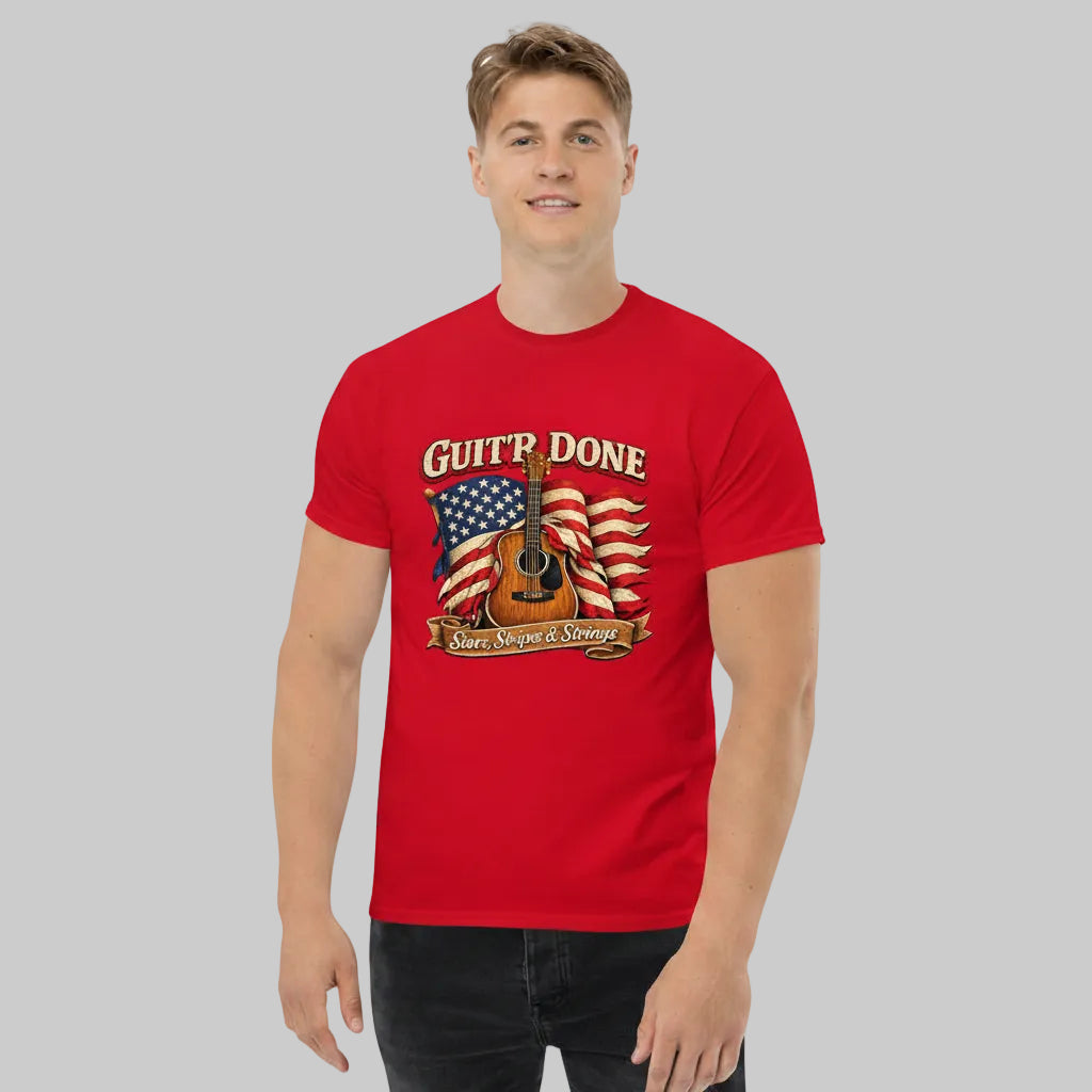 Stars, Stripes & Strings Tee in Red — country music graphic tee by Guit'R Done.