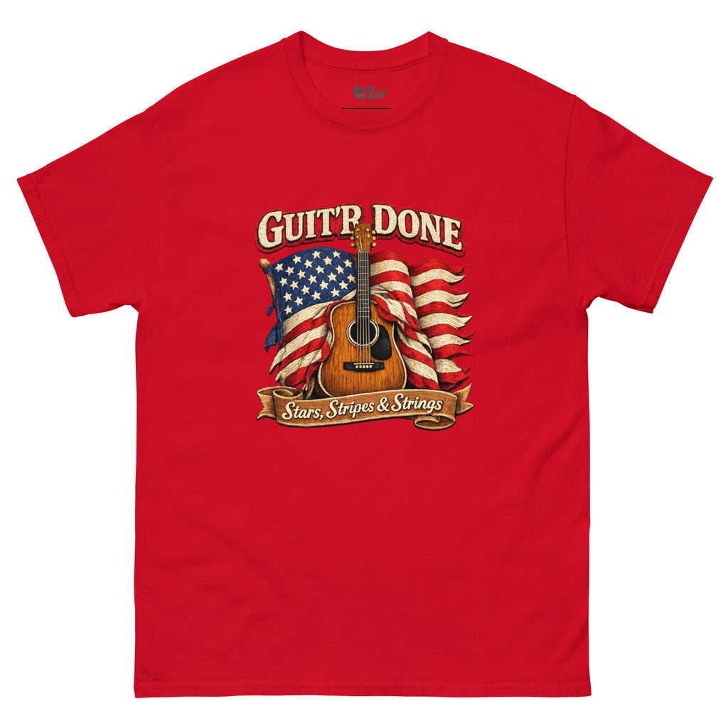 Stars, Stripes & Strings Tee in Red — country music graphic tee by Guit'R Done.