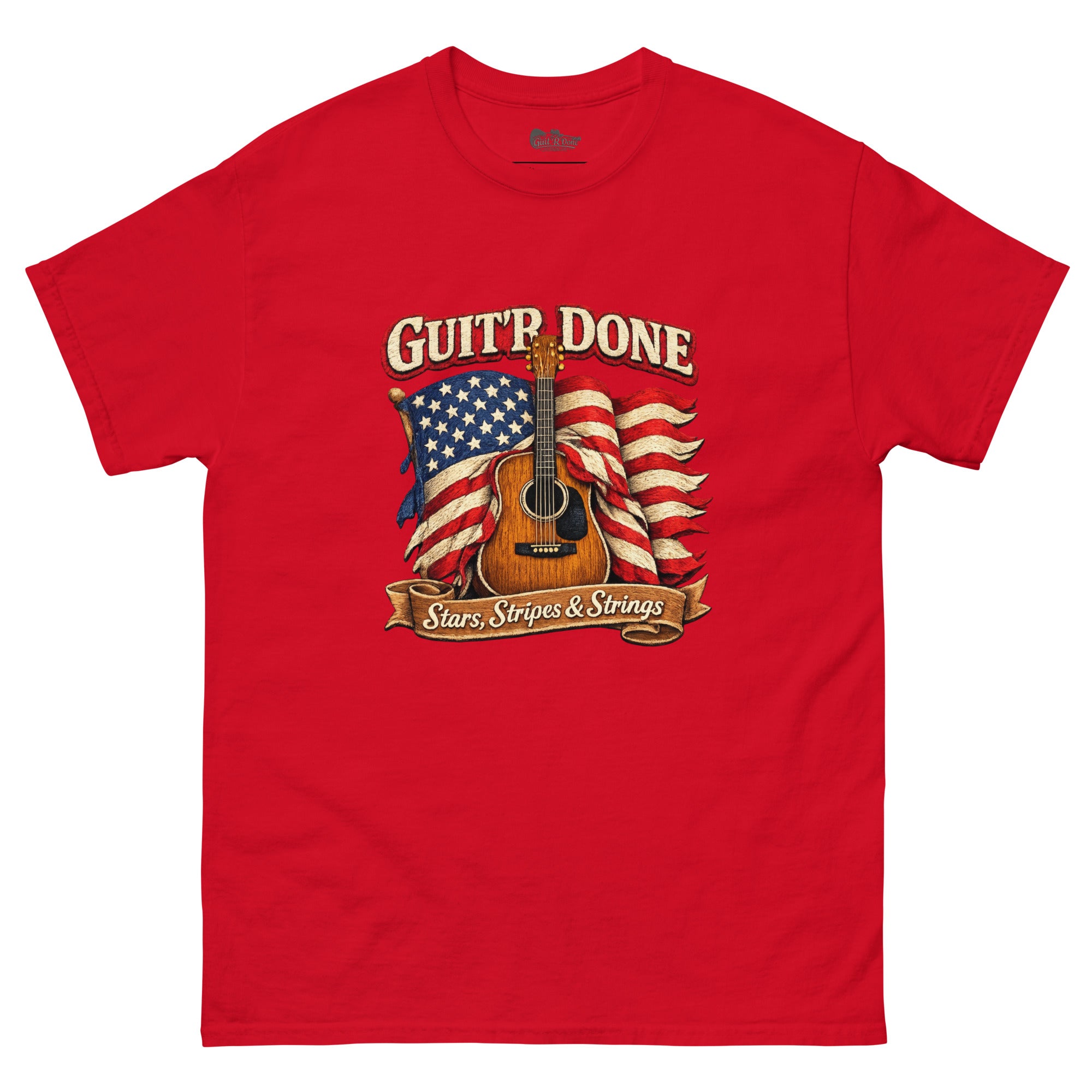 Stars, Stripes & Strings Tee in Red — country music graphic tee by Guit'R Done.