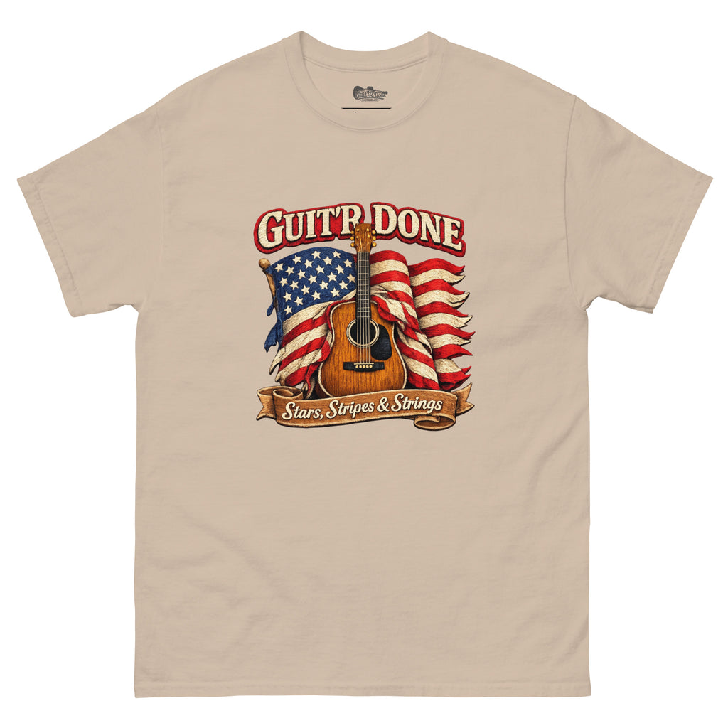 Stars, Stripes & Strings Tee in Sand — patriotic music lifestyle tee by Guit'R Done.