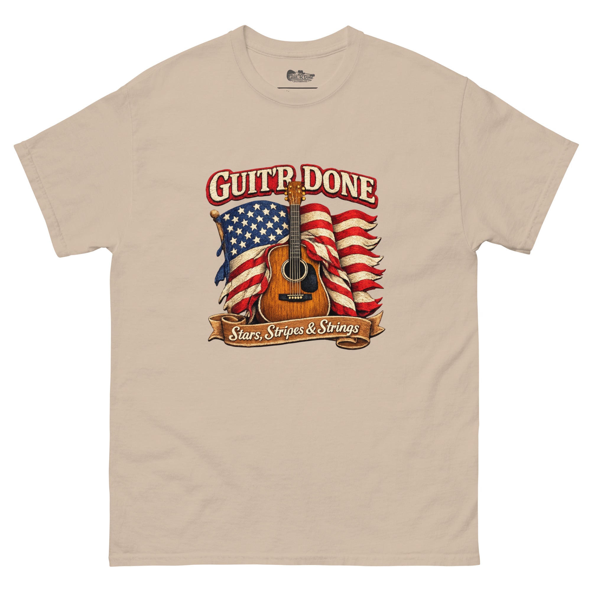 Stars, Stripes & Strings Tee in Sand — patriotic music lifestyle tee by Guit'R Done.
