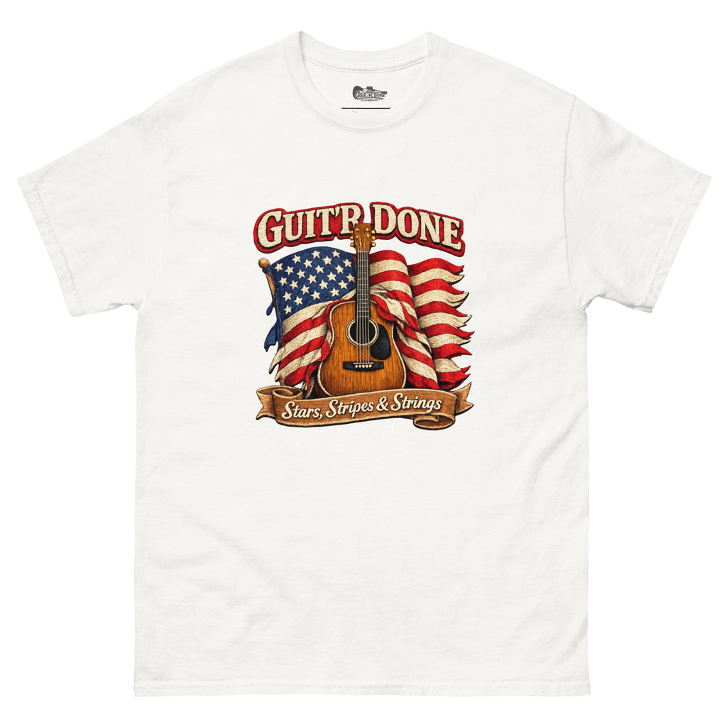Stars, Stripes & Strings Tee in White — guitar and flag graphic tee by Guit'R Done.