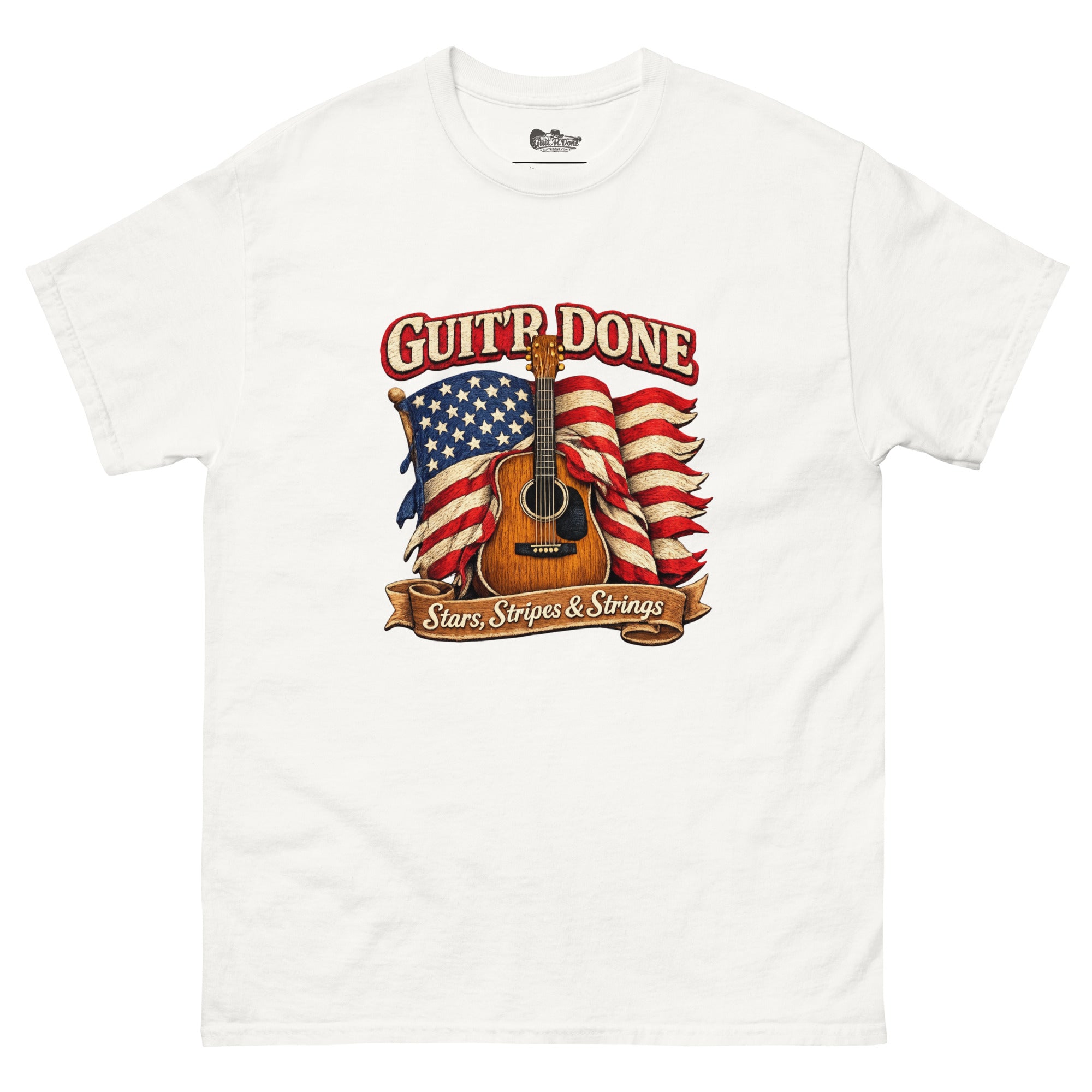 Stars, Stripes & Strings Tee in White — guitar and flag graphic tee by Guit'R Done.