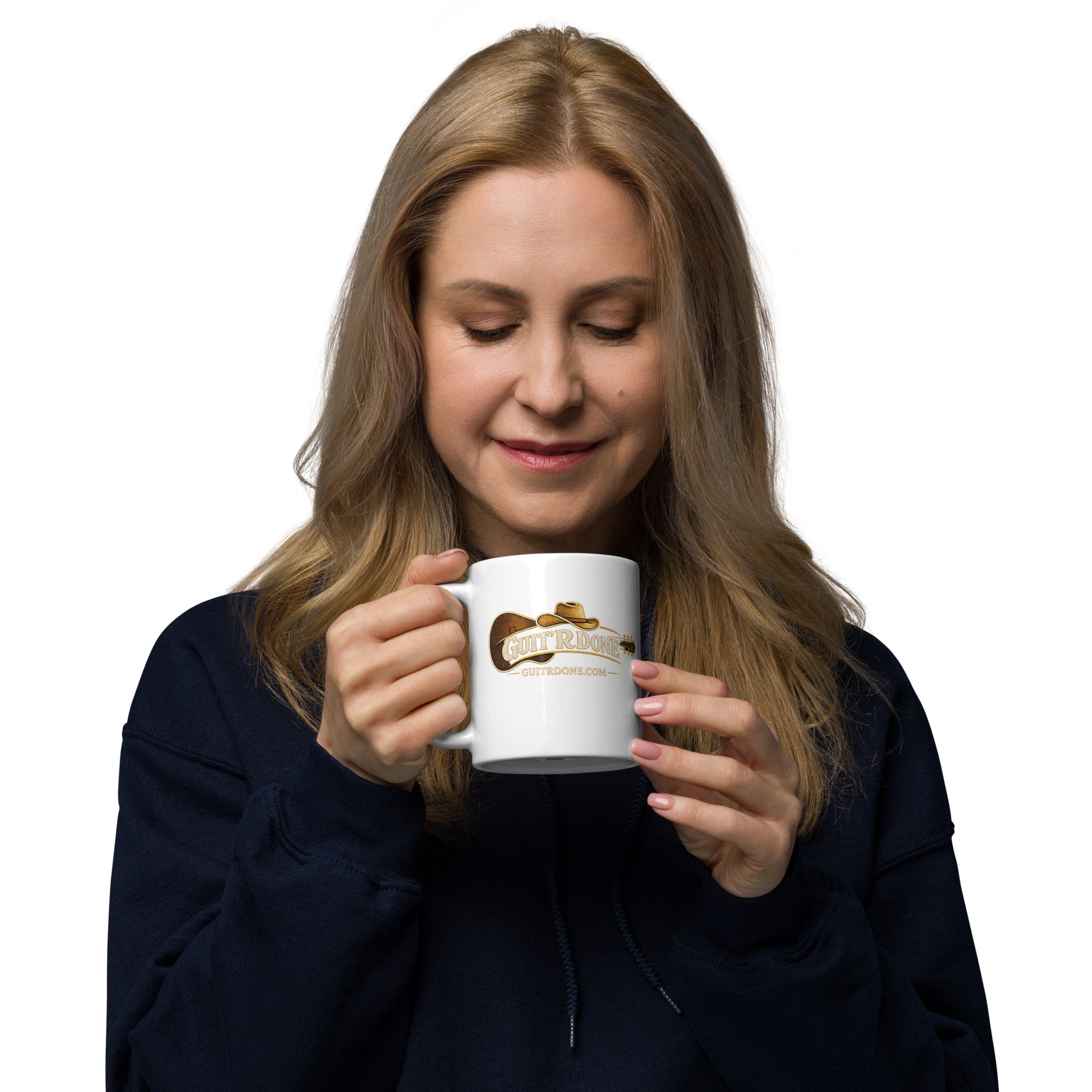 Woman holding Guit'R Done white glossy coffee mug 11 oz with guitar and cowboy hat logo