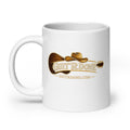 Guit'R Done white glossy coffee mug 20 oz — guitar and cowboy hat logo, handle on left