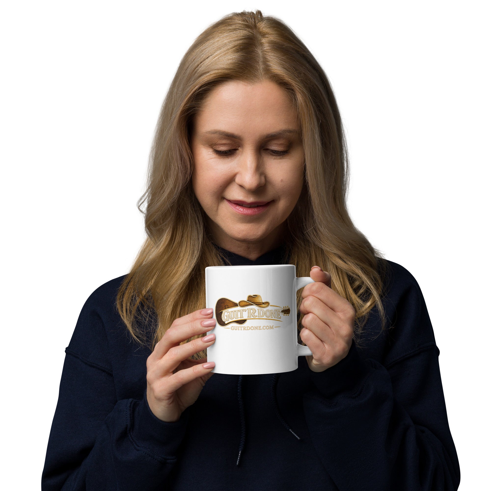 Woman holding Guit'R Done white glossy coffee mug 20 oz with guitar and cowboy hat logo, handle on right